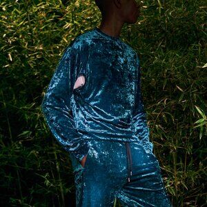 Kozaburo SS/19 Teal Velvet Long Sleeve Cut-Outs Top